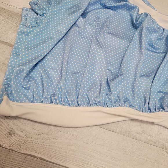 Vintage-Inspired Blue Polka Dot Halter One-Piece Swimsuit With Ruched Front By G - Picture 3 of 6